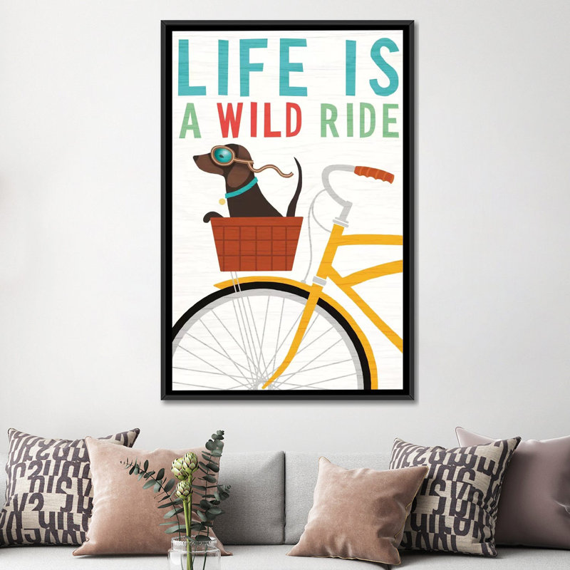 «Beach Bums Series: Dachshund Bicycle II», impression sur toile, H 26 po x l 18 po x P 1,5 po, Toile avec cadre noir