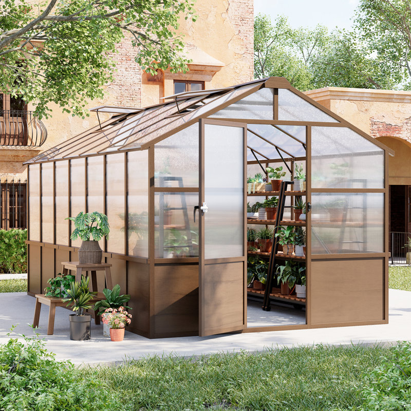 8 ft. W x 14 ft. D Solid Wood Garden Greenhouse for Outdoors, Walk in Polycarbonate Greenhouse with Locked Door and Vent