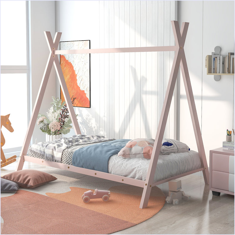 Lit de maison en métal avec lit pour enfants, Rose