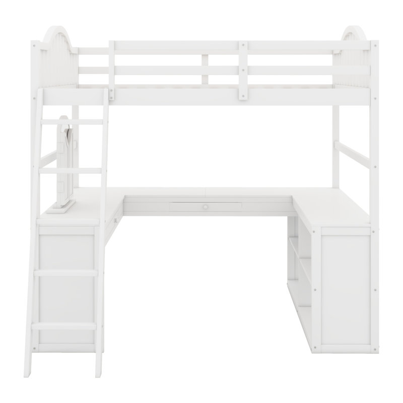 Lit mezzanine en bois avec bureau en U, compartiments de rangement et miroir à trois volets, Blanc