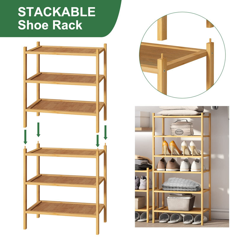 Range-chaussures compact à 3 niveaux 14 po - Bois de bambou durable pour le rangement et l'organisation de chaussures d'intérieur