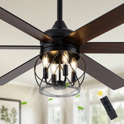 60 Inch Industrial Farmhouse Ceiling Fan with Light and Remote, 6-Speed Reversible Caged Ceiling Fan,Black Dimmable Fandelier Large Ceiling Fan for Living Rooms