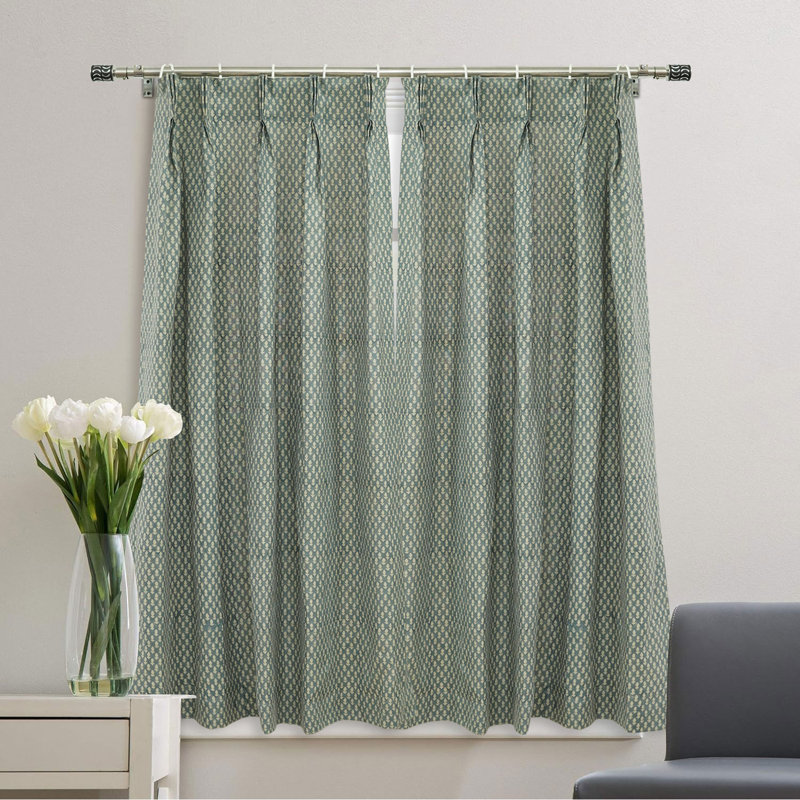 Floral Block Print Curtain Linen Drape, Pinch Pleated, Soft Boho  Elegant Home, Office, Bedroom, Kitchen, Patio & Farmhouse Décor, Haryali, Blue