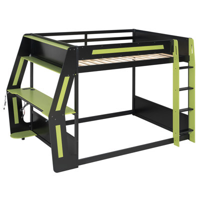 Full Over Full Modern Bunk Bed With Lighted Computer Desk, Power Outlets And Storage Shelves by Ivy Bronx