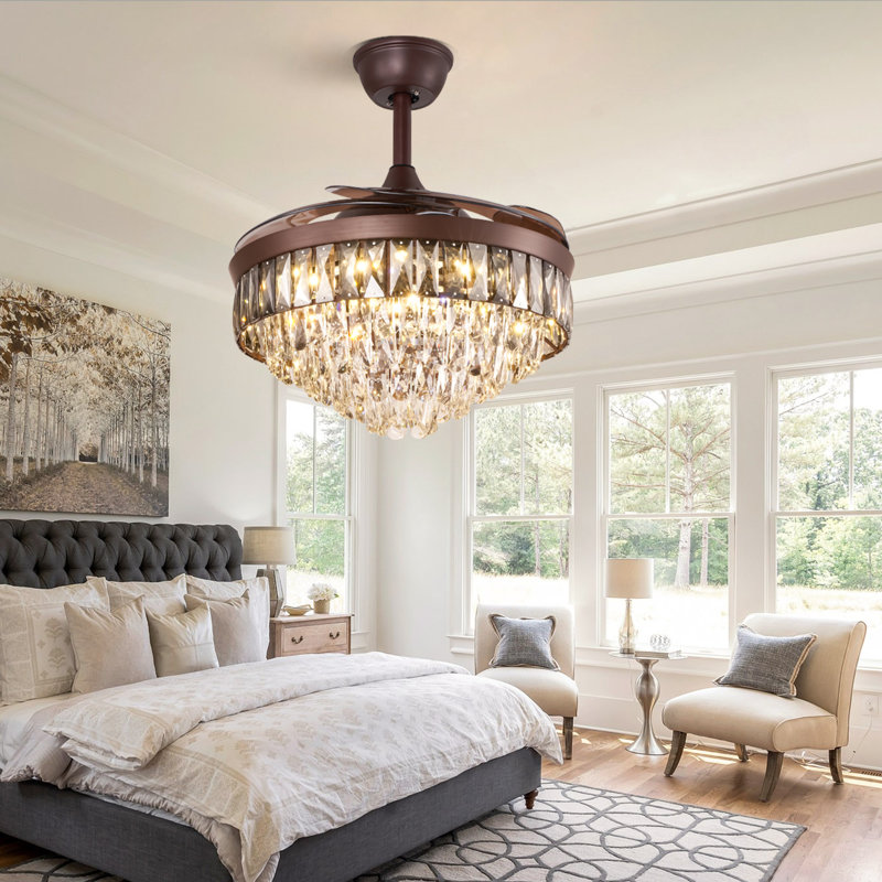 Kaelig 42" Crystal  Invisible Ceiling Fan Light with Remote Control, Retractable Fan Blades