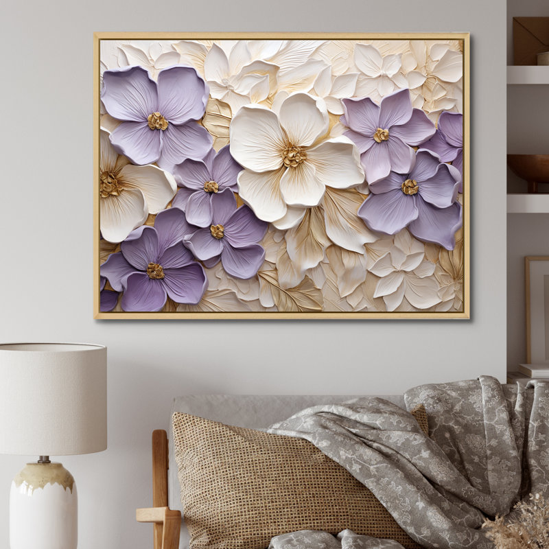Violet et blanc, minimalisme, violettes - Violettes, impression sur toile, Reproduction avec cadre flottant, Naturel