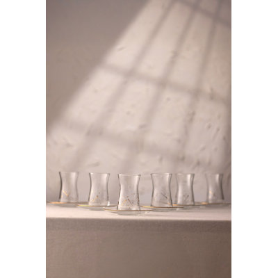 Elegant Tea Glass Set (12 Pieces), Transparent & Gold, Glass Tea Glasses (6) 2.3 x 2.3 x 3.7 inches | Matching Saucers (6) 5.0 x 5.0 x 0.6 inches | 100% Durable Glass, Perfect for Entertaining & Everyday Use