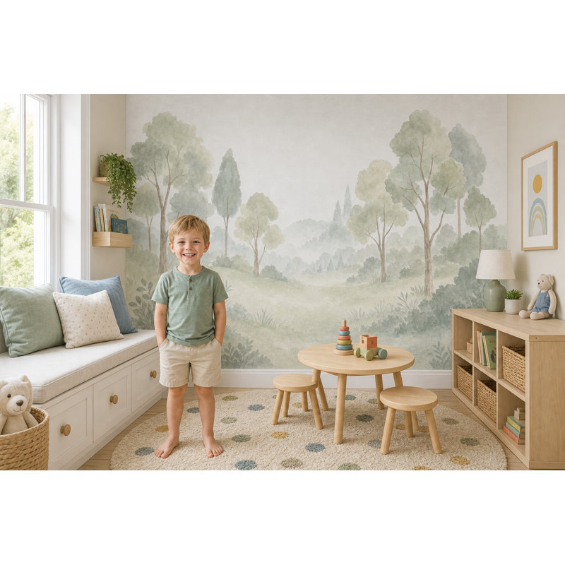 Papier peint amovible vert forêt Misty, 100 po x 96 po, Non tissé