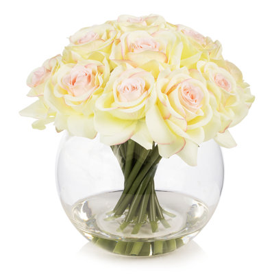 16 têtes de fleurs roses en soie artificielle dans un vase en verre rond avec de l'eau artificielle
