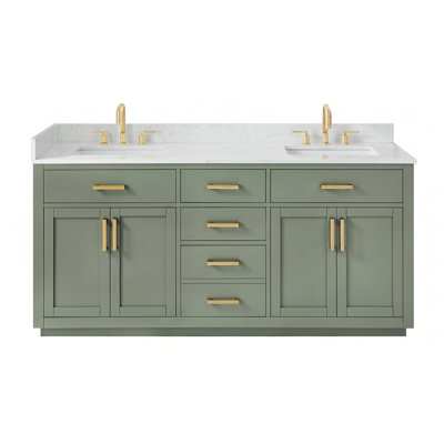 Ivy 72" Double Bathroom Vanity Set in Vintage Green and Grain White Engineered Stone Countertop No Mirror