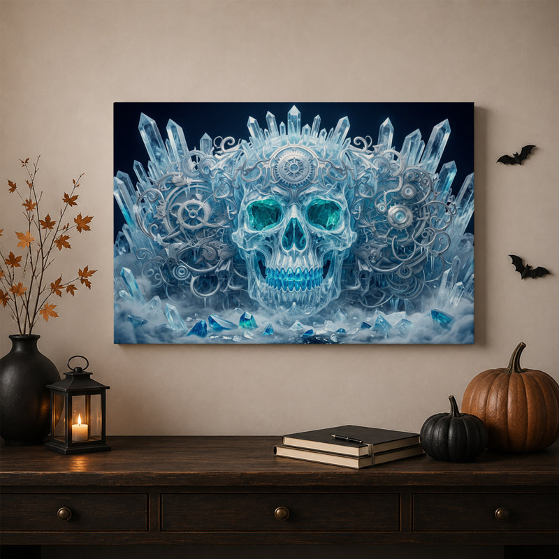 Art mural sur toile, crâne de cristal avec engrenages argentés et cristaux bleus, 24"H x 36"W