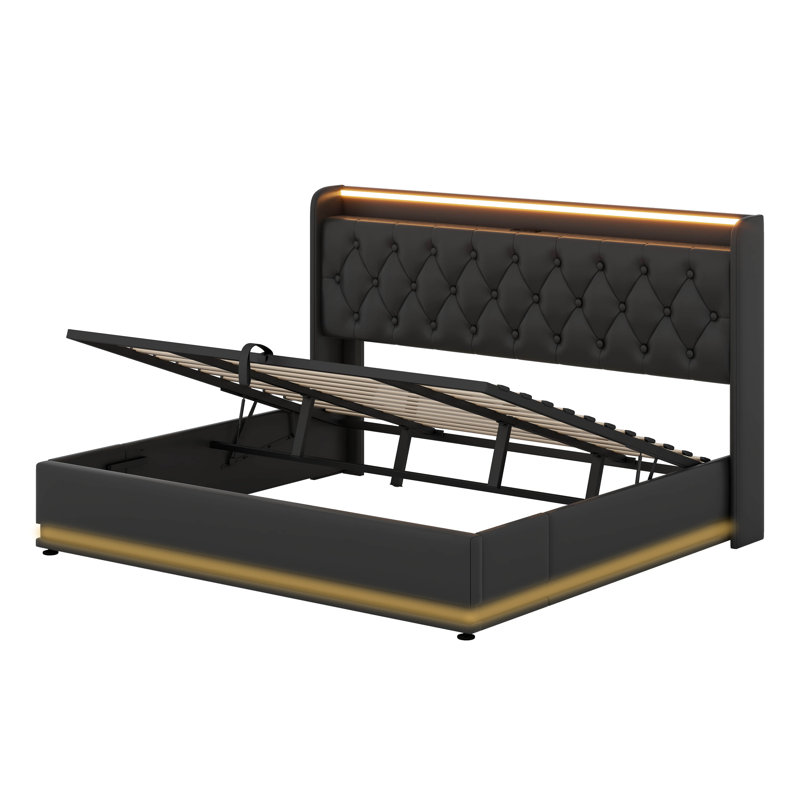 Upholstered Bed, 360 Surround LED Function, Buttons/Apps/Remote Control, Hydraulic Storage Bed With USB Type-C Charging, King