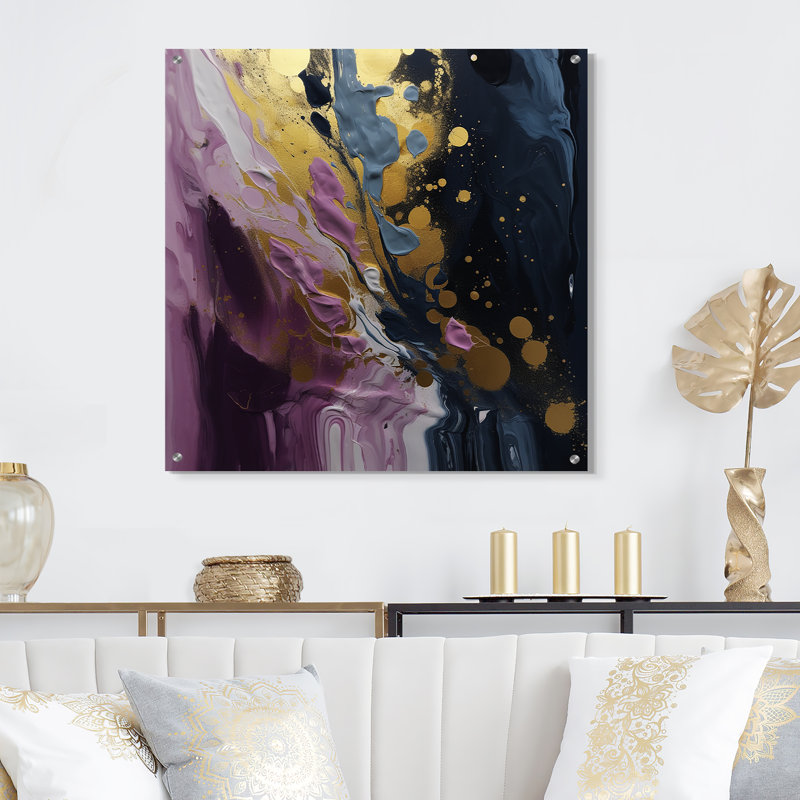 Mauve et bleu mouvements en peinture III - peinture abstraite acrylique, art mural, H 36 po x l 36 po