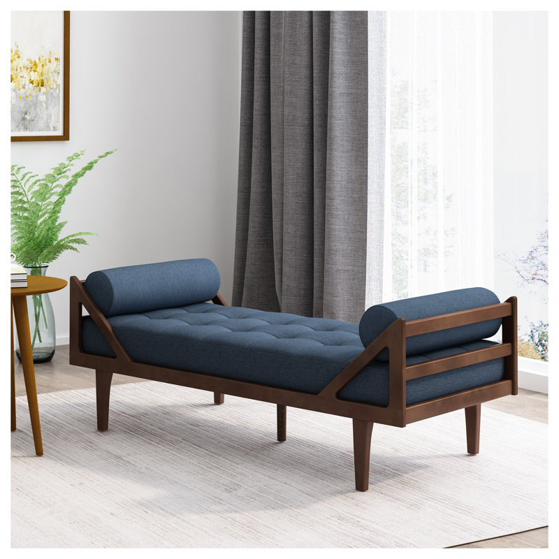 Chaise longue Mid-Century moderne avec tissu capitonné et structure en bois cintré, Marine