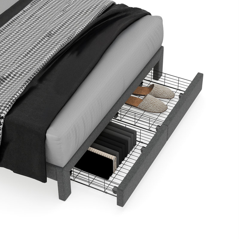 Structure de lit rembourrée avec tiroirs de rangement et port USB Type-C pour chambres d'adolescent, Gris, Grand lit