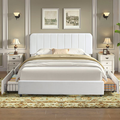 Huntsville Queen Storage Bed with 4 Drawers Velvet Upholstered Headboard White Platform Bed Frame