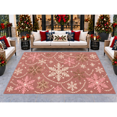 5’ x 7’ Outdoor Area Rug Christmas Snowflake Garland Pink Brown Cream, Heavyweight Waterproof PVC Coil Loop Carpet, Quick Dry Indoor Outdoor Mat for Christmas Porch Deck Entryway Large Doormat