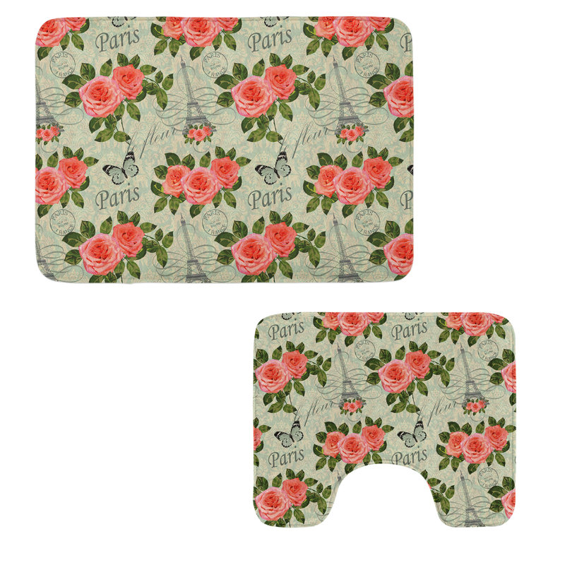  Ensemble de tapis de salle de bain romantique 2 pièces rectangulaires et tapis contour saumon et vert