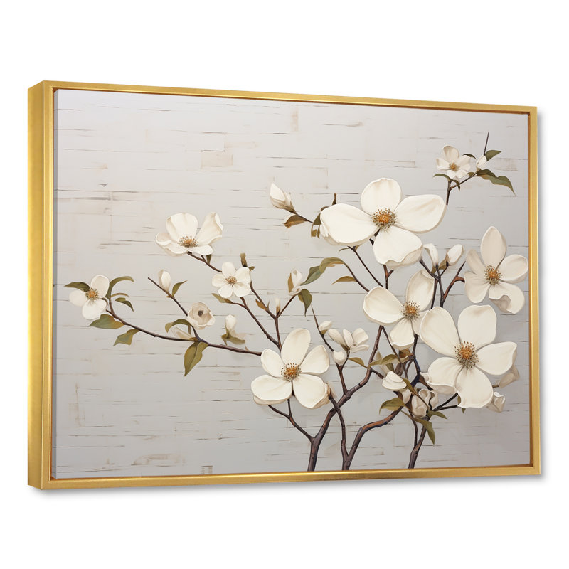 «White Dogwood Blossom Scenery VII», reproduction sur toile, Cadre flottant doré, H 30 po x l 40 po x P 1,5 po