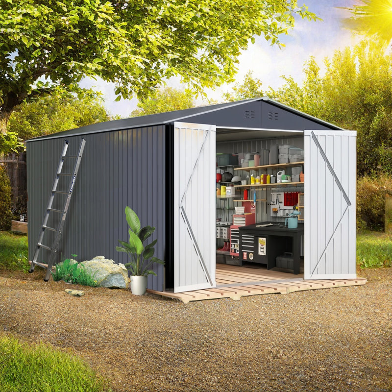Remise de rangement extérieure en métal avec évents pour terrasse de jardin, gris, H 6,34 pi x l 12 pi x P 8 pi