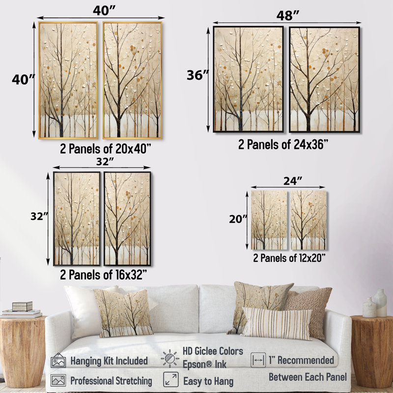 Harmonous arbre beige art II - grands arbres, art mural, Toile tendue, Ne s’applique pas, 36" H x 48" W