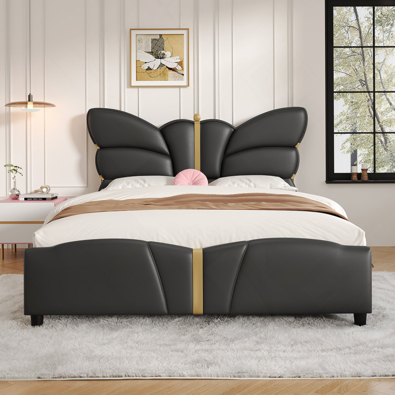 Cadre de lit rembourré avec tête et pied de lit en forme de papillon, cadre de lit plateforme avec décorations en métal, Noir