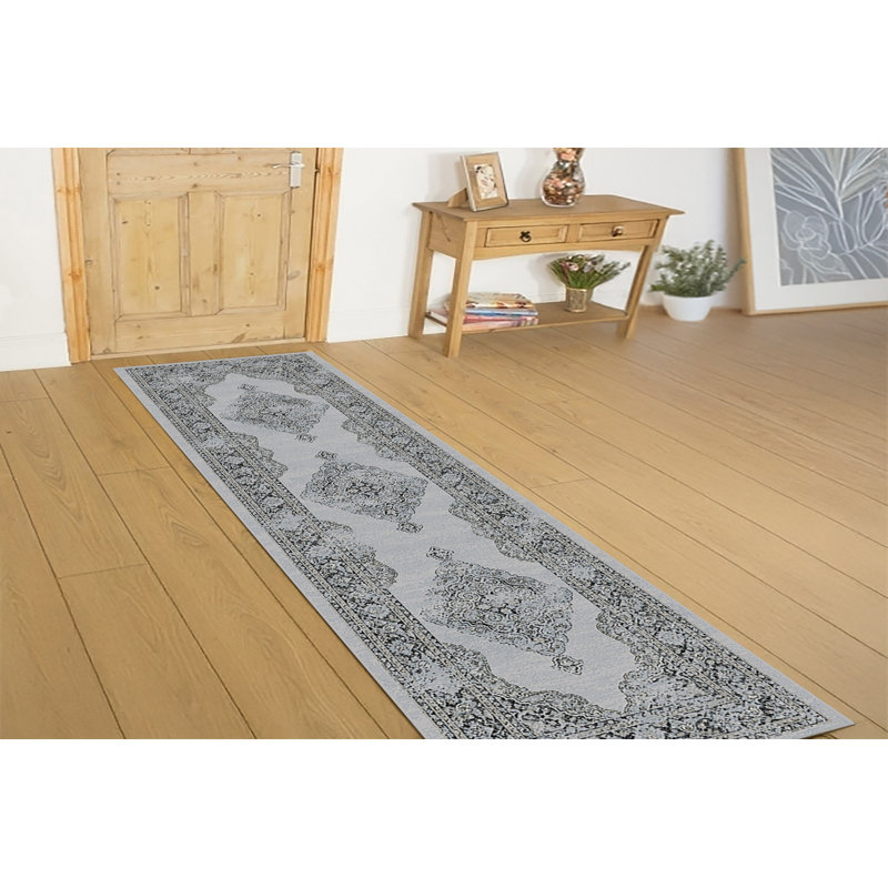 Tapis de zone gris doux oriental Attell, Tapis de couloir 2 pi 2 po x 11 pi