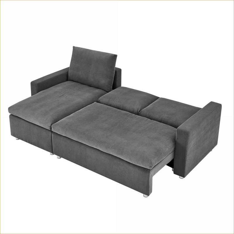 Sectional Sofas | 90" L Shaped Convertible Pull Out Sleeper, Reversible Chaise Storage for Living Room Overnight Guests | Grey | Corduroy