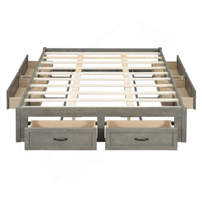 Queen Size Platform Bed With 6 Storage Drawers, Antique Grey