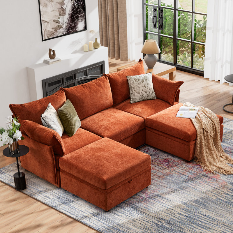 Canapé modulaire moderne réversible de 102 po de largeur avec repose-pieds en tissu chenille de qualité supérieure, Orange