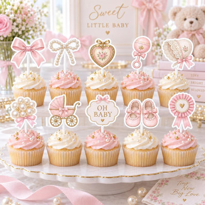 Décorations pour cupcakes Coquette pour fête prénatale, 10 modèles en papier cartonné avec nœud et perle