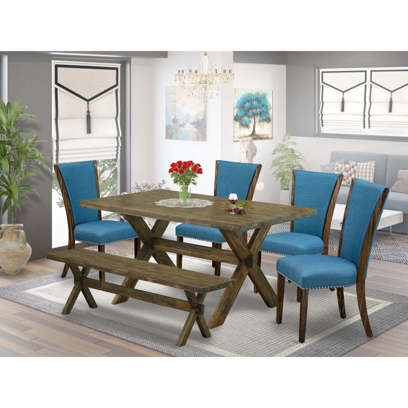 6 Piece Dining Set Contains a Rectangle Dining Room Table with X-Legs and 4 Blue Color Linen Fabric Parson Chairs with a Bench, Distressed Jacobean Finish