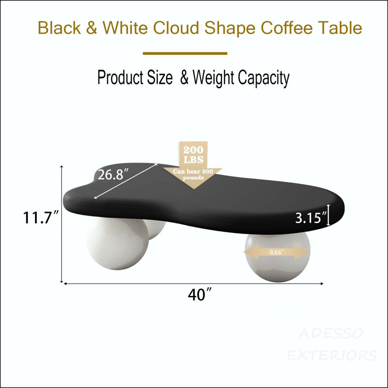 Table basse en forme de nuage avec 3 pieds sphériques, H 11,7 po x L 40 po x l 26,8 po, Noir / blanc