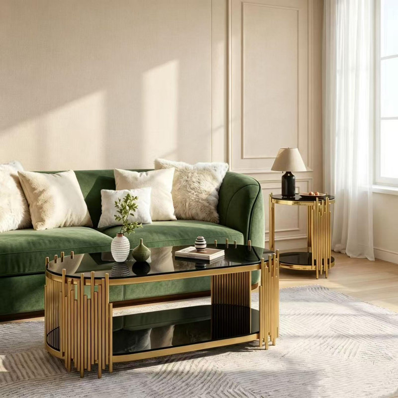 Ensemble de 2 tables basses et tables de bout gigognes, tables d'appoint ovales en verre trempé de luxe moderne avec structure en métal à tige verticale, finition chrome poli pour le bureau du salon