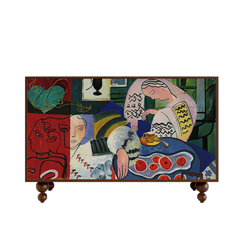Abstract Retro Entryway Accent Cabinet Sideboard, Walnut + Multicolour