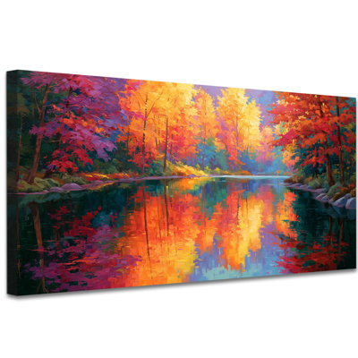  Fall Canvas Wall Art Autumn Forest Prints Rustic Maple Leaf Painting, Vibrant Jewel Tones Pictures Serene Landscape Artwork for Living Room Bedroom Thanksgiving Home Gallery Decor, 20x40 inches