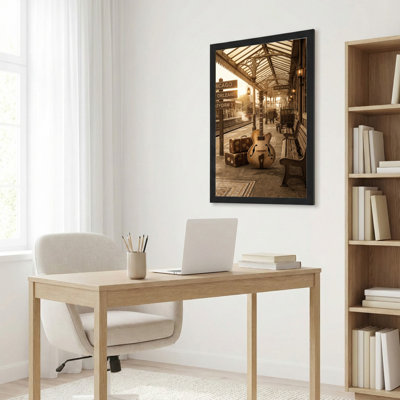 Vintage Train Station Guitar And Suitcases Canvas Wrapped Wall Art Oil Painting Print Set Of 1