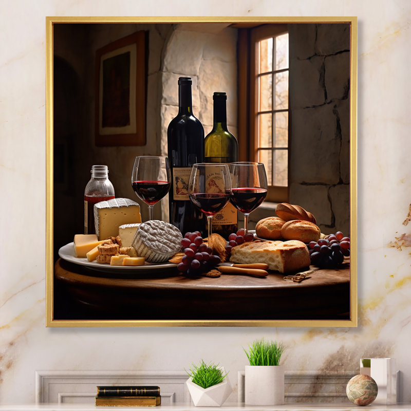 «Cheese and Wine I - Wine», art mural champagne, H 16 po x l 16 po x P 1 po, Cadre flottant doré