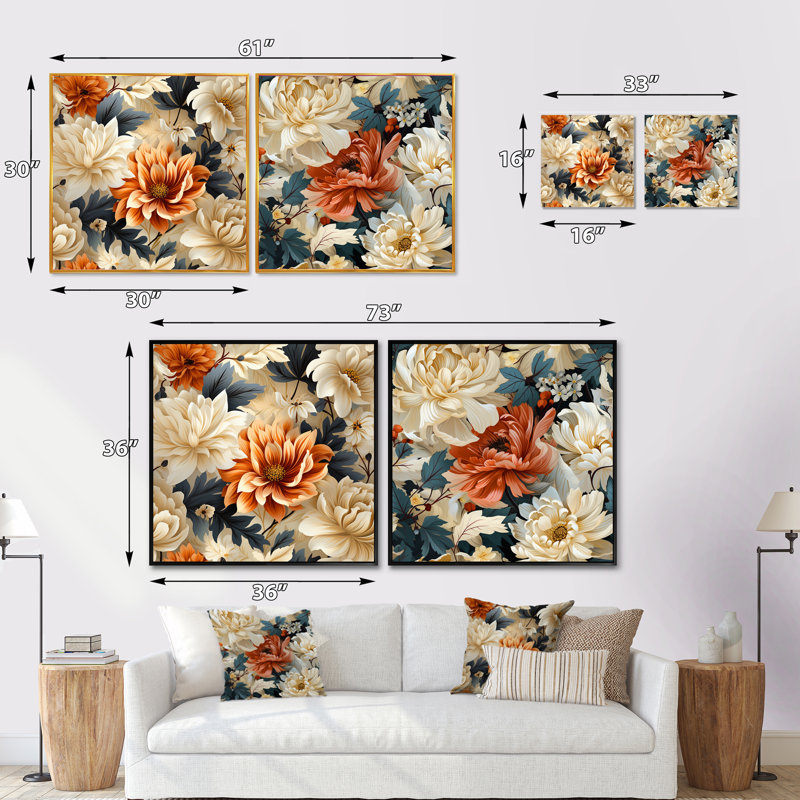 Ladue - Ensemble de 2 collages carrés floraux, H 16 po x l 33 po, Toile tendue