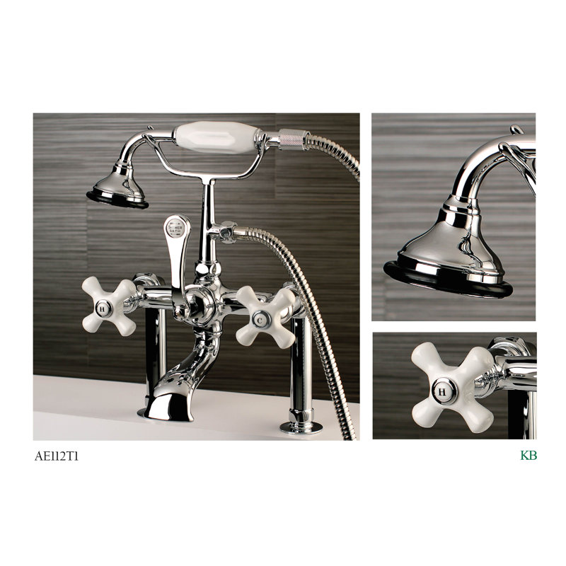 Kingston Brass Aqua Vintage Three-Handle 2-Hole Deck Mount Clawfoot Tub Faucet with Hand Shower, Polished Chrome