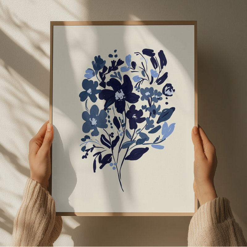 Indigo Floral Bouquet by Josie George — Botanical Wall Art, 40 × 60, Matted Framed Print, Black