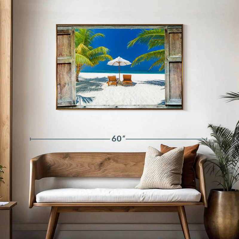 Fenêtre sur la côte des Maldives, Cadre flottant doré, 43 po x 29 po