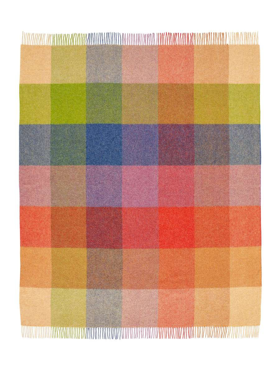Shetland Wool Throw/Blankets Hand Woven Blanket, Blue/Green/Red/Orange Geometric