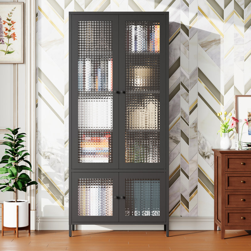 4 Glass Doors Metal Cabinet With 5 Shelves For Bedroom - Black Waffle-Grids Tempered Storage Side And Bedroom, Pantry Modern