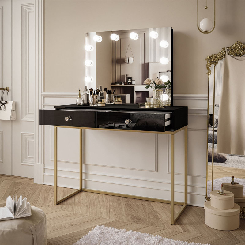 Anduena Dressing Table with Mirror, Black High Gloss/Gold Matt