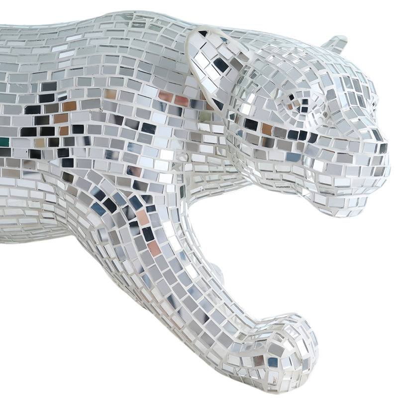 Miroir argenté, mosaïque, base de sculpture de panthère avec plateau en verre, table basse à sculpture animalière pour salon