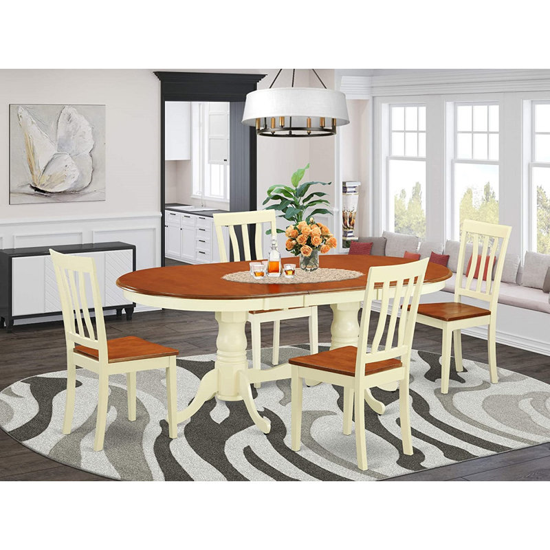 5 Piece Dining Set Includes an Oval Dining Table with Butterfly Leaf and 4 Kitchen Chairs, Buttermilk & Cherry