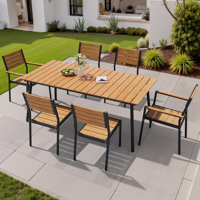 6 - Person Aluminum Patio Dining Set With Stackable Chairs And Umbrella Hole, Brown