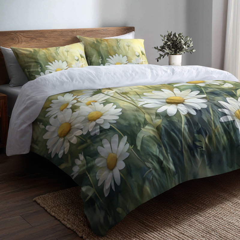 Ensemble de literie 3 pièces Summer Daisy Glow - Ensemble de literie White Meadow, Queen Duvet Cover + 2 Standard Shams