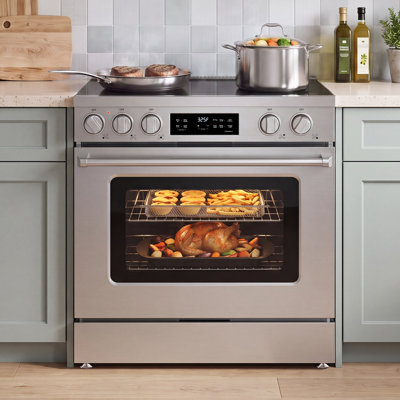 36" 6.0 cu. ft. Slide-In Electric Range, 5 Burners, 9000W with Convection Bake, Air Fry, Steam Clean, Broil & Keep Warm, Anti-Tip Bracket, 6 Rack Positions, Stainless Steel